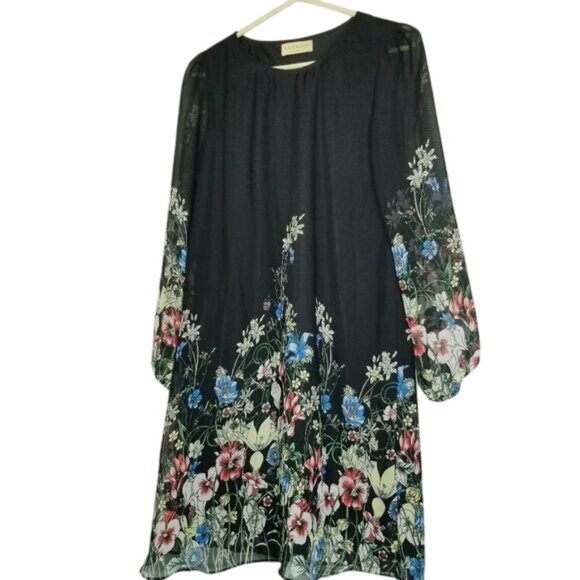 Floral Dress Kate Kasin Black Multicolor Print Sheer Overlay Knee Length S‎ - Picture 1 of 9